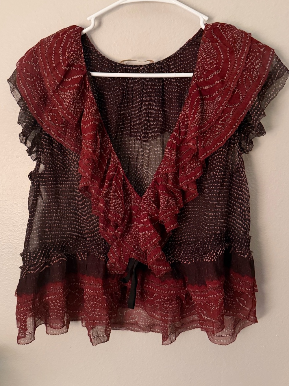 Ulla Johnson Ruffle Sleeve Sheer Blouse Burgundy Paisley Boho Whimsigoth XS